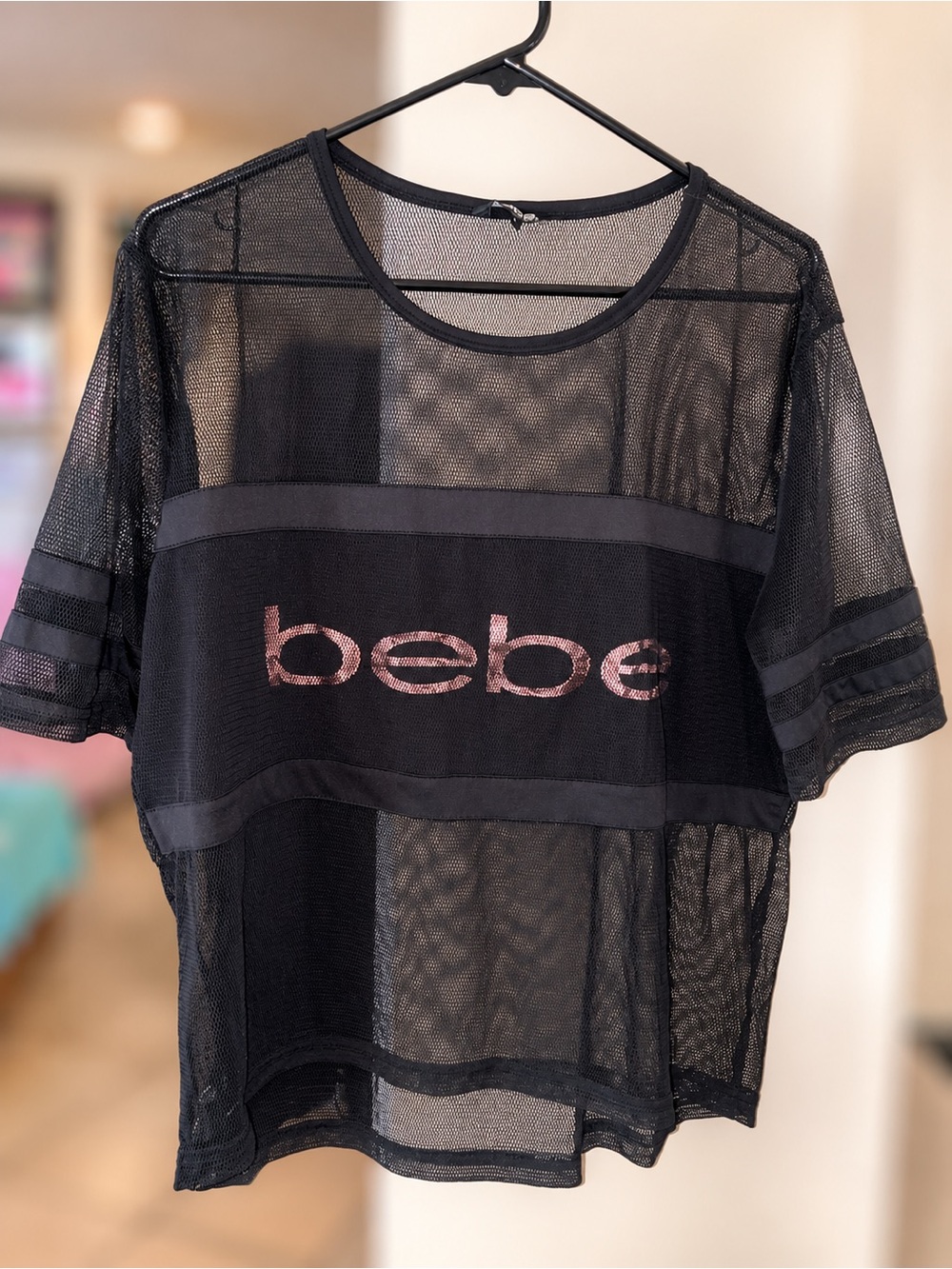 Bebe Black Mesh Logo Short Sleeve Top